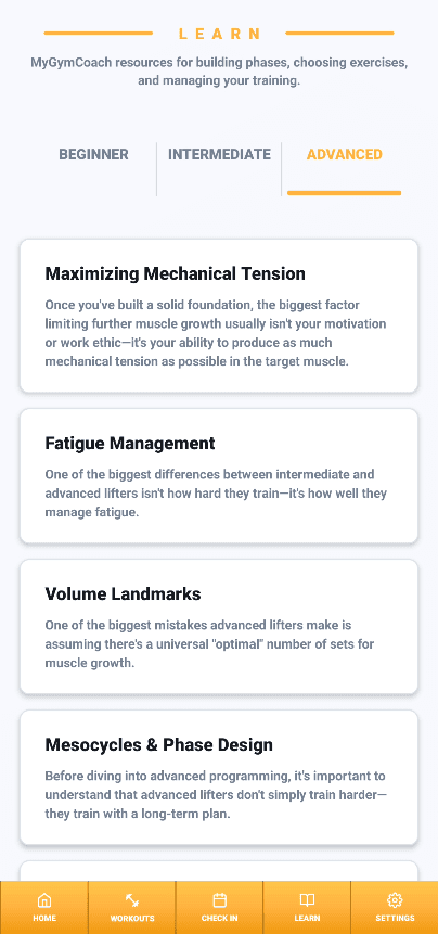 MyGymCoach Advanced Learn page showing advanced training articles for experienced lifters.