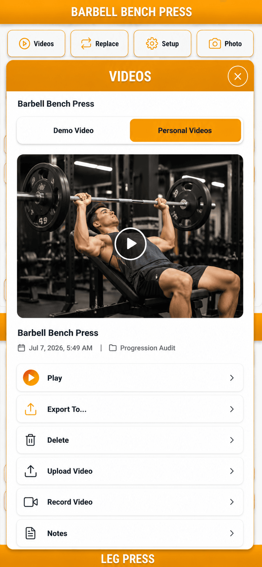 MyGymCoach exercise video screen with demo and personal video options.