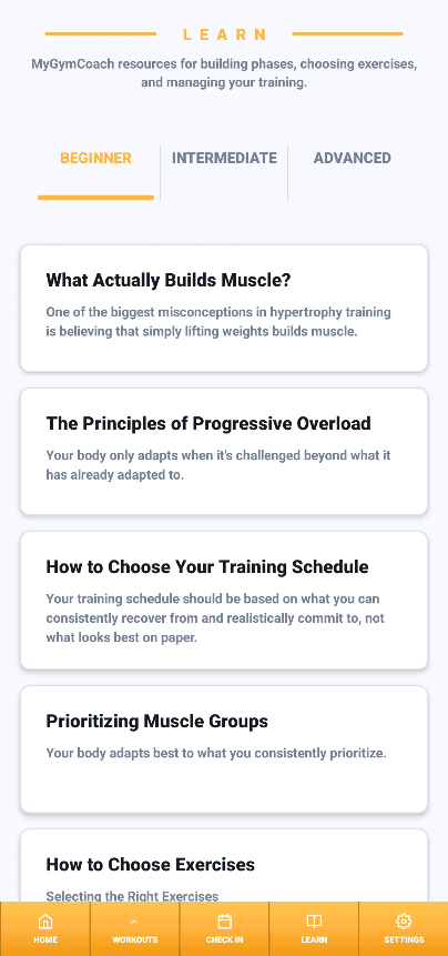 MyGymCoach Beginner Learn page showing educational article cards for new lifters.