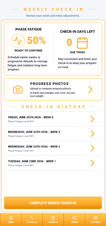 MyGymCoach weekly check-in dashboard with phase fatigue, progress photos, and check-in history.