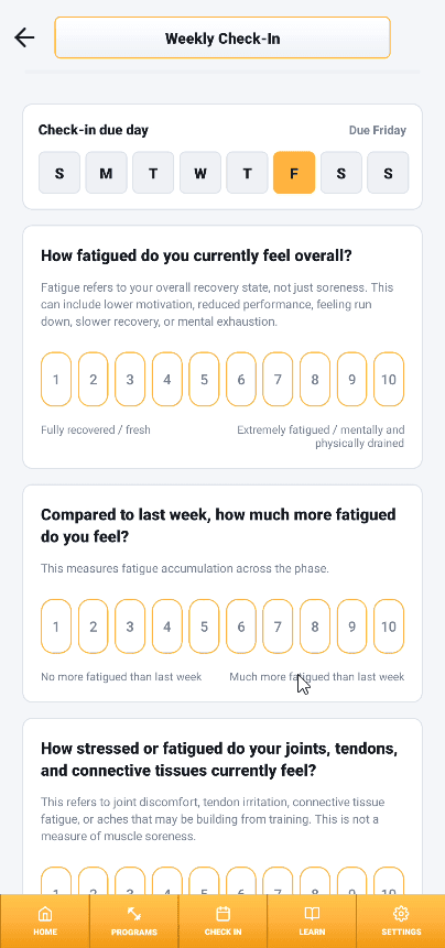 My Gym Coach weekly check-in questionnaire showing fatigue, recovery, stress, and joint health rating scales.