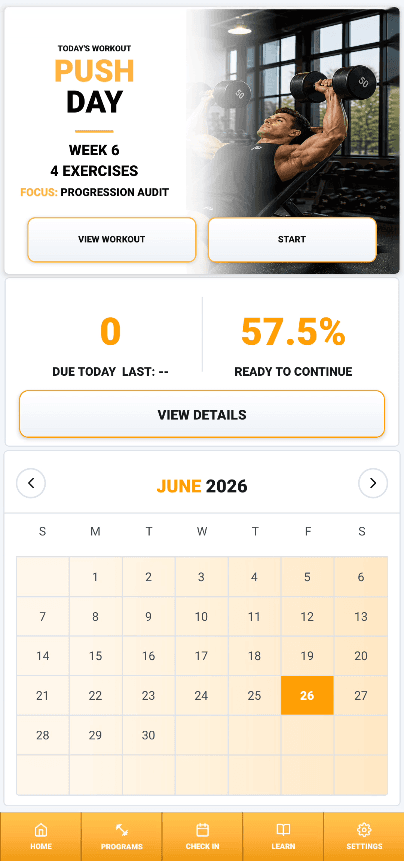 MyGymCoach mobile home screen with today's Push Day workout, readiness, check-in details, and training calendar.