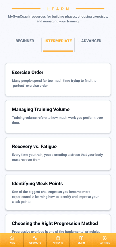 MyGymCoach Intermediate Learn screen showing lessons on exercise order, training volume, recovery, weak points, and progression methods.