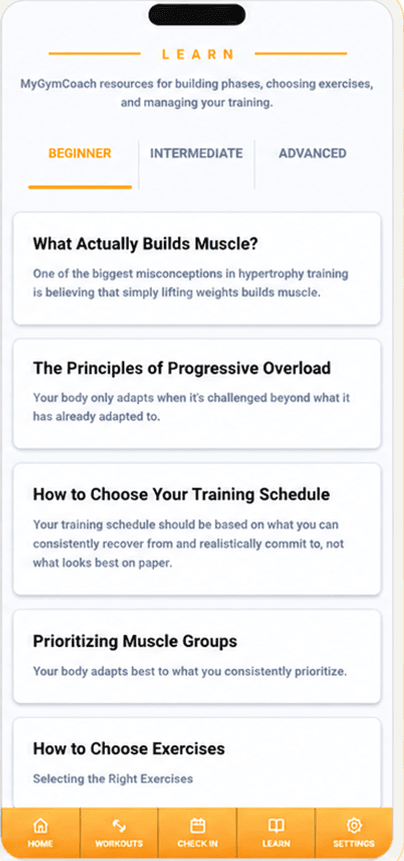 My Gym Coach learn tab showing Beginner, Intermediate, and Advanced sections with article cards about muscle growth, progressive overload, training schedules, muscle priorities, and exercise selection.