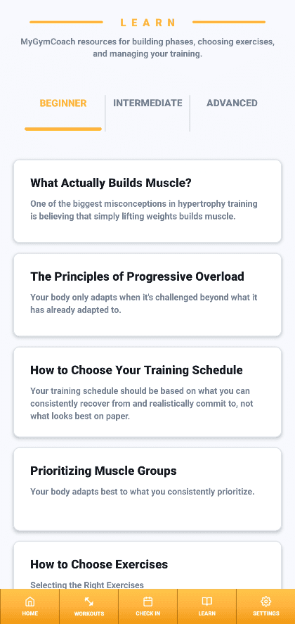 MyGymCoach Learn screen showing beginner article cards inside a phone.
