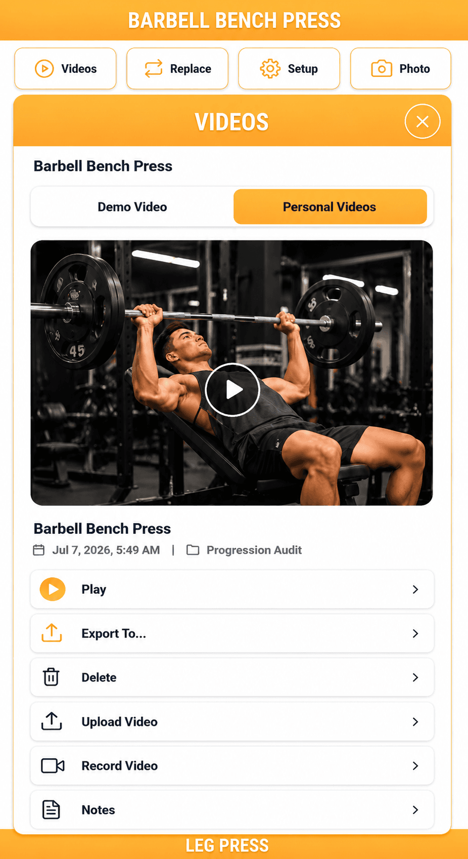 My Gym Coach personal videos library showing saved exercise video playback, export, upload, record, delete, and notes actions.