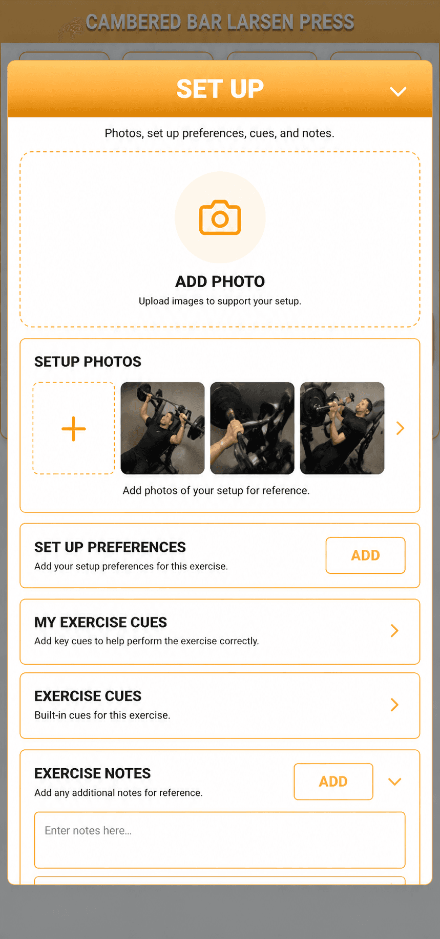 MyGymCoach setup screen for adding and saving exercise reference photos.