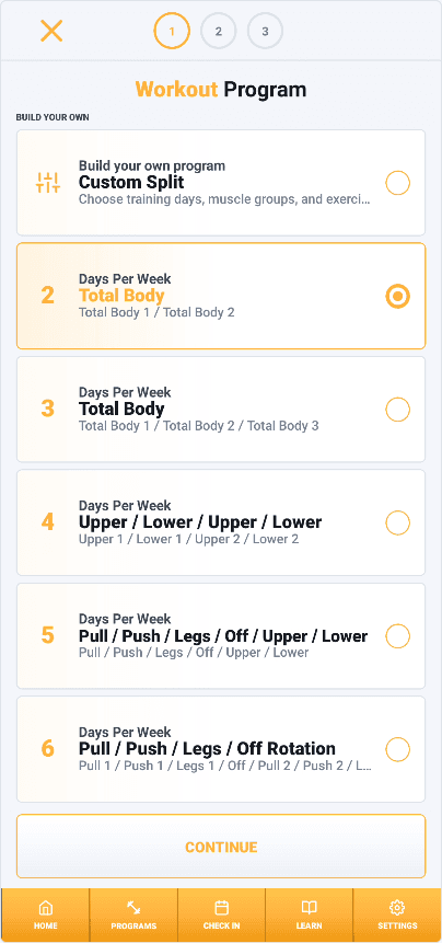 My Gym Coach phase builder showing custom split and default workout templates by training days per week.