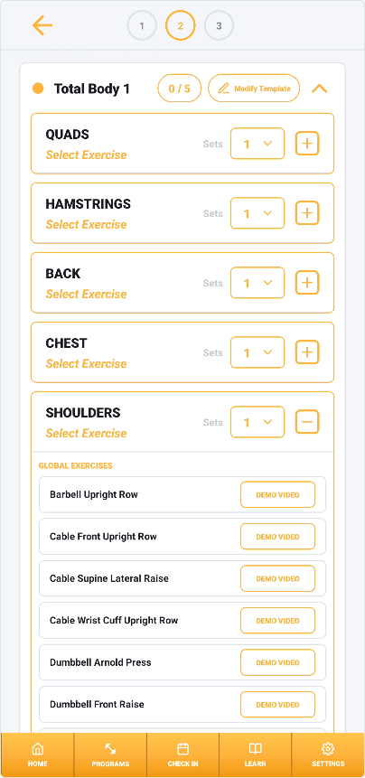 My Gym Coach exercise customization screen showing muscle groups, set counts, exercise selection, and demo video actions.