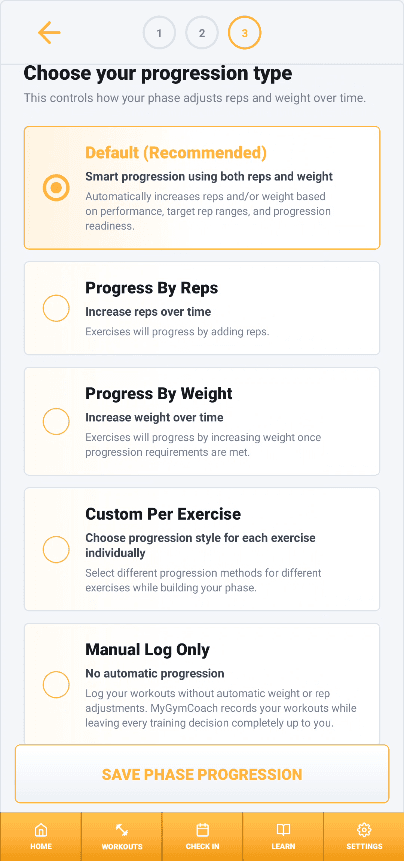 My Gym Coach progression setup screen showing default, reps, weight, custom per-exercise, and manual log only progression options.