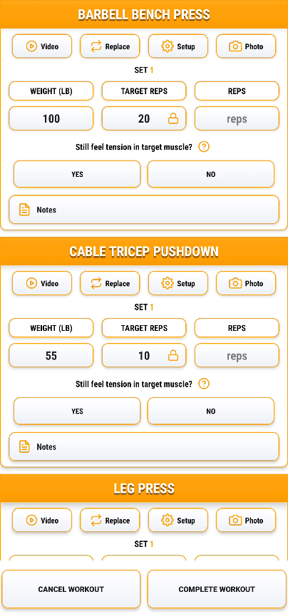 My Gym Coach workout card showing Barbell Bench Press, Cable Tricep Pushdown, and Leg Press set logging.