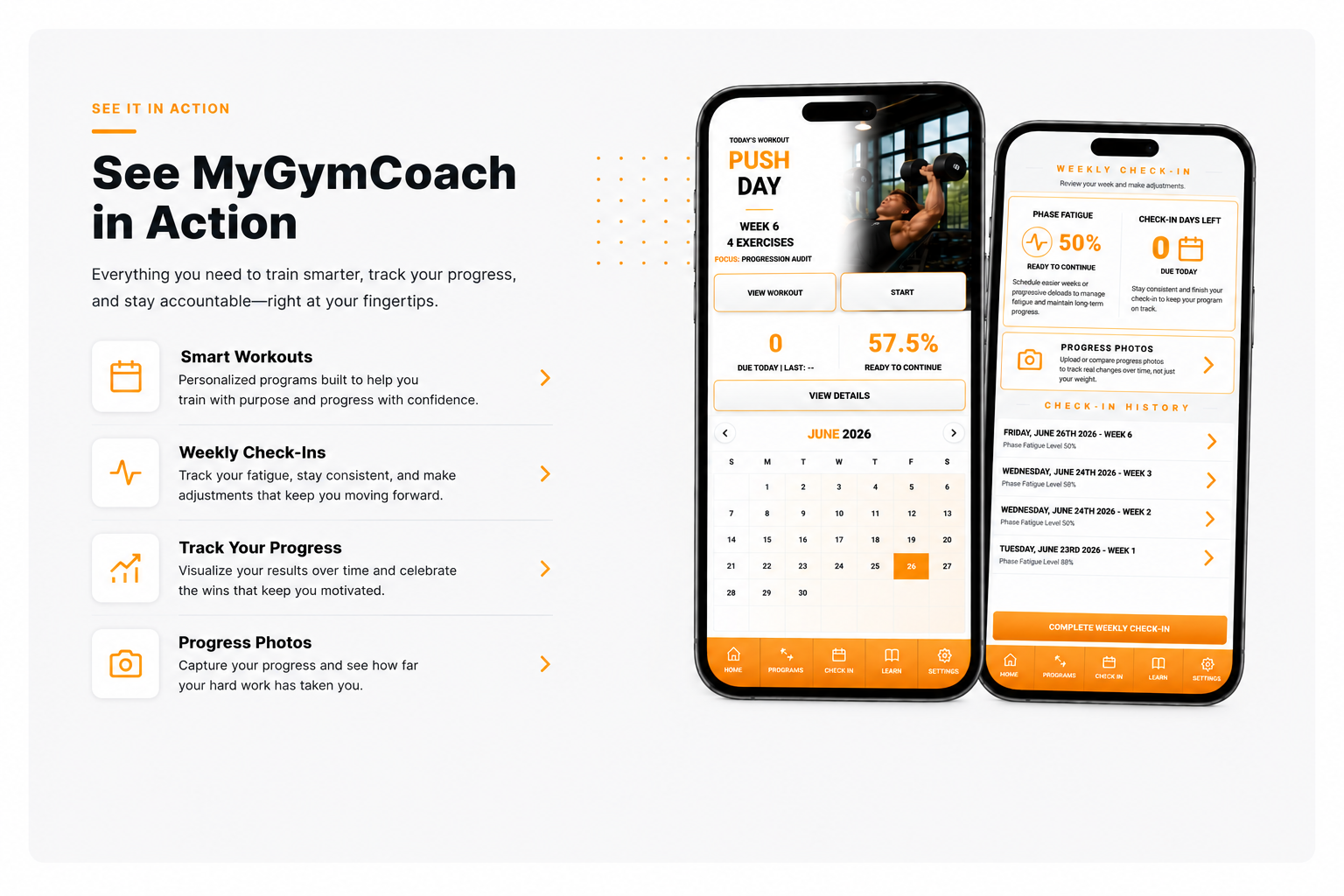 See MyGymCoach in Action with smart workouts, weekly check-ins, progress tracking, progress photos, and app phone screens.