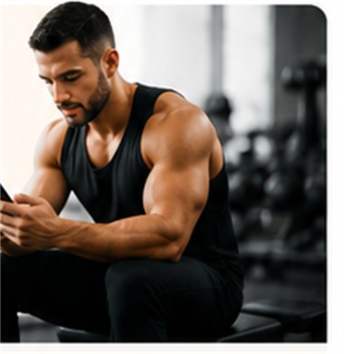 Athlete reviewing his training on a phone in the gym.